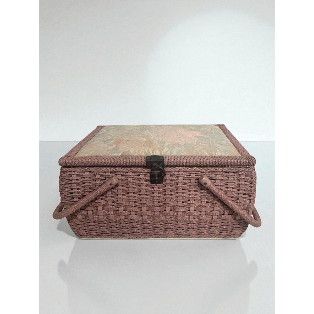 Vtg Wicker Sewing Notion Storage Satin Lined Basket Fabric Topped Two Handles